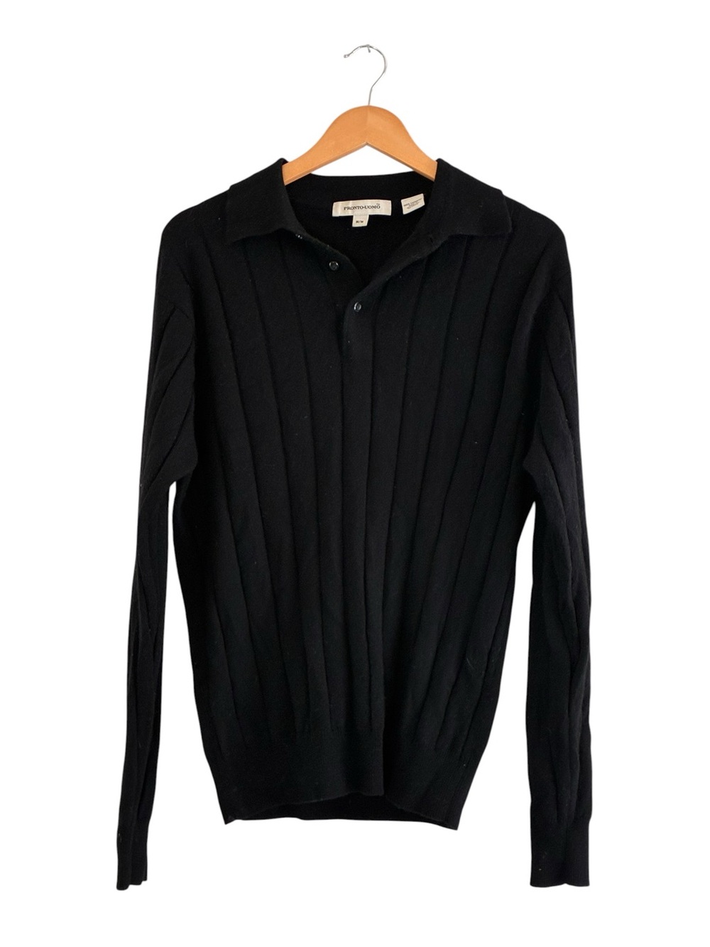 Pronto-Uomo | 100% cashmere black ribbed knit collared pullover sweater sz med